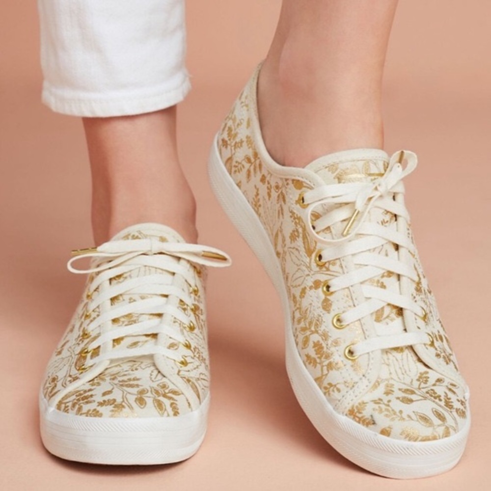 Anthro | Keds x Rifle Paper co Gold Print Sneakers